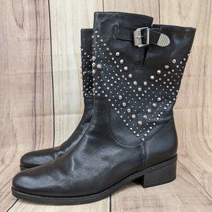 SCHUTZ Aliria Studded Moto Boots Sz 6 Black Leather Silver Hardware Buck…